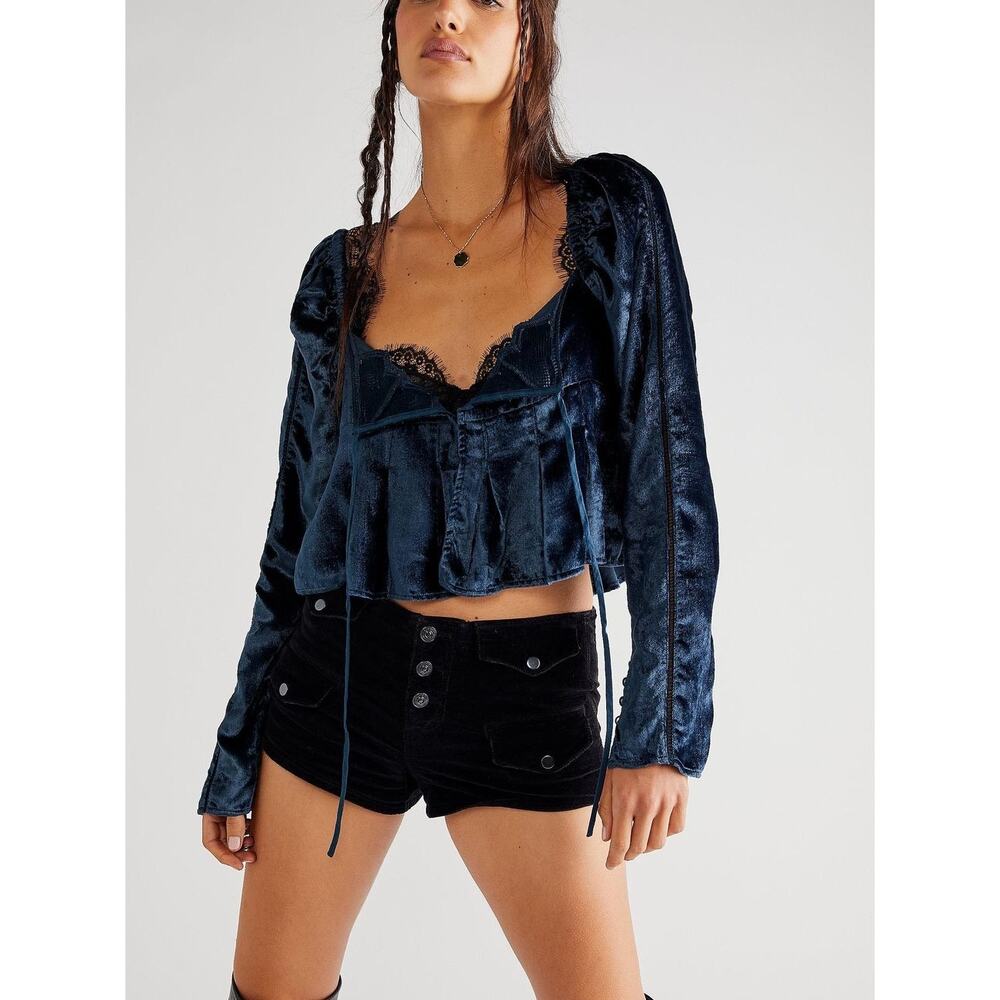 NEW Free People Bali Heirloom Rose Crushed Velvet Long Sleeve Crop Blue Top XS - Picture 6 of 6